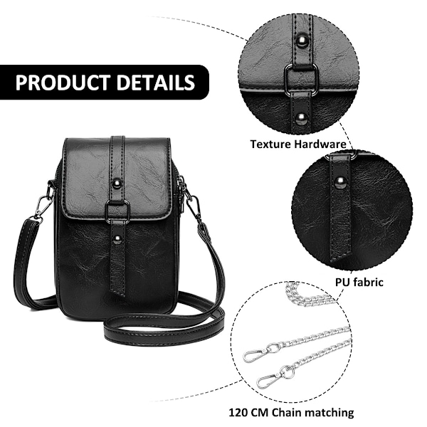 Liten crossbody telefonväska i läder för kvinnor, mobiltelefon axelväska kort plånbok, mobiltelefon upp till 6,5 tum, väskstorlek 20*13*6cm