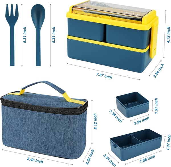1400 ml Bento Matboks med Pose - 2-lags Matboks med 3 Rom og Sett, Matlaging Container Boks med Bento Bag