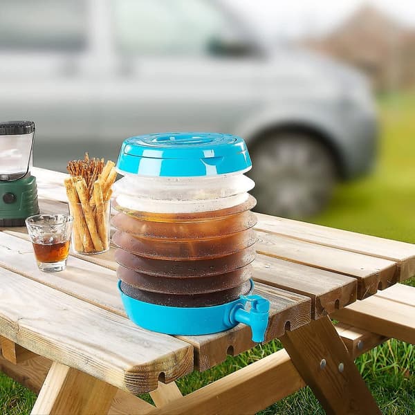 Vannbeholder: sammenleggbar beholder, tut, stativ, 5,5 liter, blå/transparent (foldbar vannbeholder)
