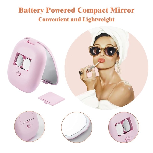 Kompakt spegel, 1X/5X förstoringsspegel med lätt liten resesminkspegel Bärbar LED-fickspegel för handväska Pink