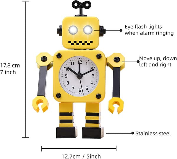 Robot vækkeur, lydløst vækkeur i rustfrit metal med Flashi