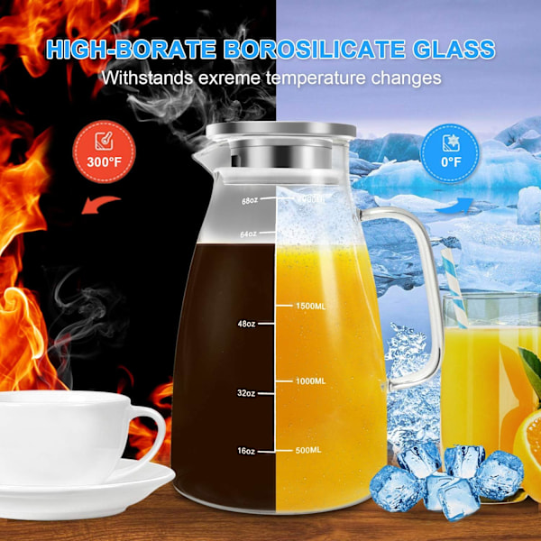 Vandkande, 2 L glaskande med låg og præcis skala, iste-kande i rustfrit stål, let at rengøre varmebestandig borosilikat mælkekande til juice