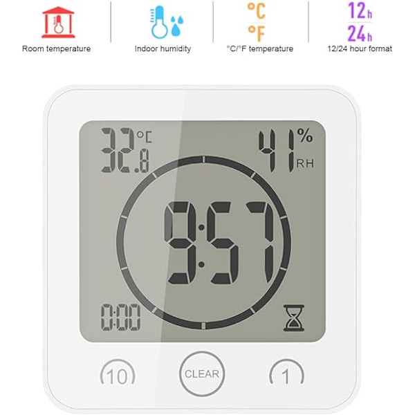 1 hvit dusjklokke vanntett, LCD digital dusjklokke timer