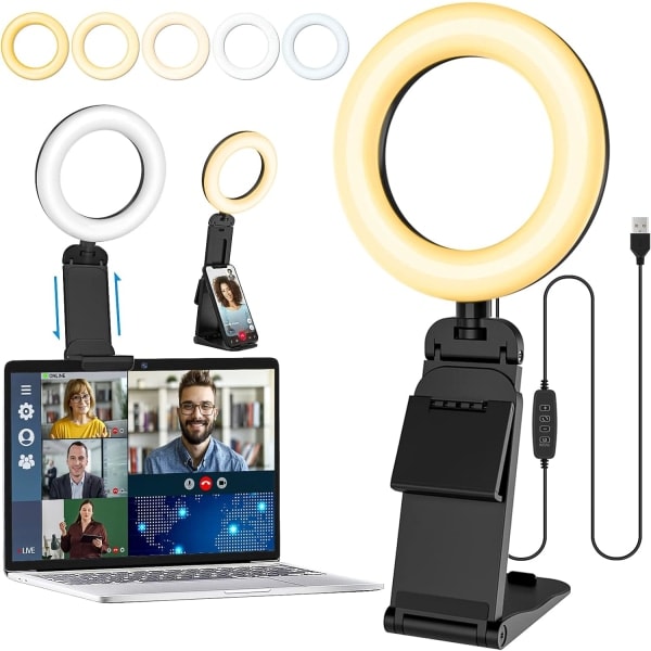 5-tommers bærbar Selfie-ringlampe med stativ - Mini Skrivebords-LED-telefonringlys med dæmpbar 5 tilstande 10 lysstyrker til makeup-streaming webkamera