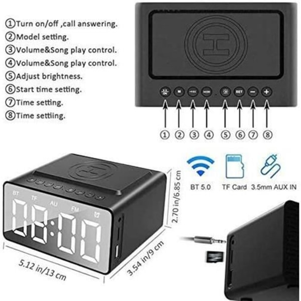 Klockradio med Bluetooth-högtalare, sängbordsklocka, batteribackup och strömförsörjd USB-port som fungerar som trådlös laddare