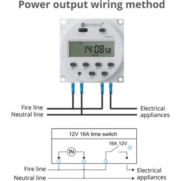12V 16A Programmerbar Timer Digital Med 16 Program, Programmerbar Timer, Uttak Med LCD-skjerm, Tyverisikring Med