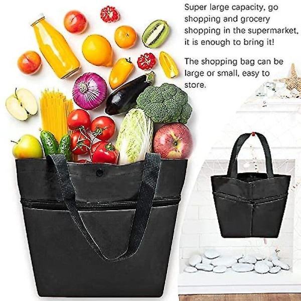 Vikbar shoppingvagn, hopfällbar tvåstegs dragkedja Vikbar shoppingväska med hjul Vikbar shoppingvagn för frukt, grönsaker, shopping