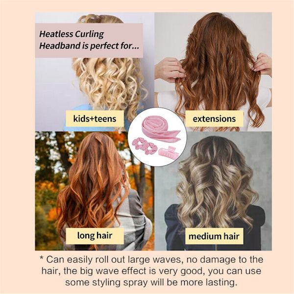 Värmefri Curling Pannband Curl Ribbon med Hårclips pink