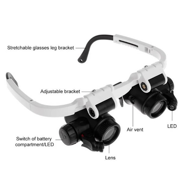 2X LED-förstoringsglas för klockmakare och reparationer, huvudmonterat pannband, justerbar förstoringshuvud, glasögonlupplins 8X 15X 23X
