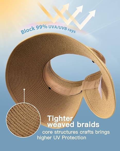 Women's Sun Hat, Wide Brim Straw Hat, Roll-up, Foldable, Ponytail, Summer Beach Hat, UV UPF khaki