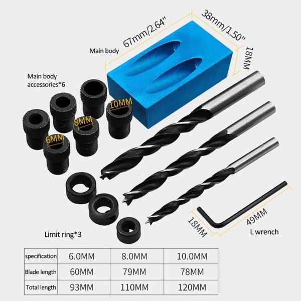 14 stk. Pocket Hole Jig Kit - 15° Punch Locator Vinkel Trebearbeidingsverktøy Hull Skrue Jig Posisjonerer Borresett Bit Jig Klemmer for trebearbeiding
