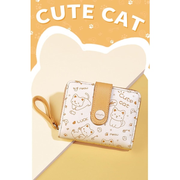 Søt kattelær lommebok Bifold Glidelås Clutch Lommebok Håndveske Kawaii Trykk Myntveske med ID-vindu Kortholder Case Glidelås
