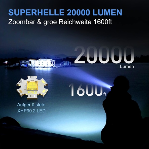 Ficklampa, laddningsbar LED-ficklama, 1800 lumen