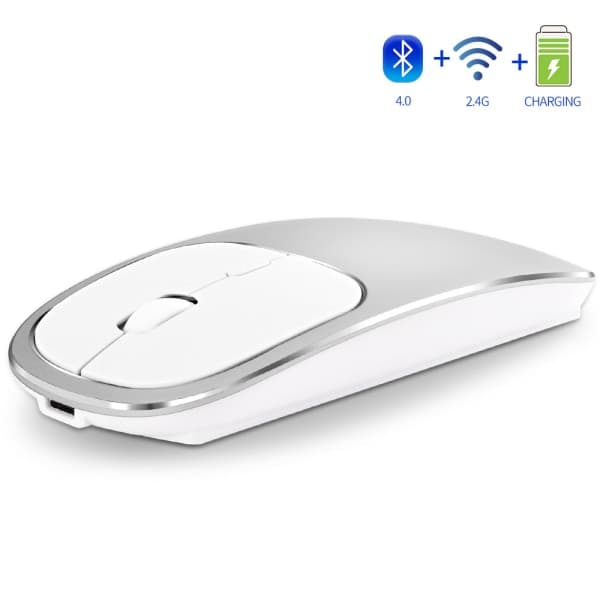 Genopladelig 2,4 GHz trådløs Bluetooth mus, Silent Click Dual Mode, kompatibel med bærbar computer, PC, MacBook (sølvfarve)