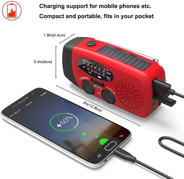Håndsvingradio med solceller & lommelygte - 2000mAh Powerbank - Sort