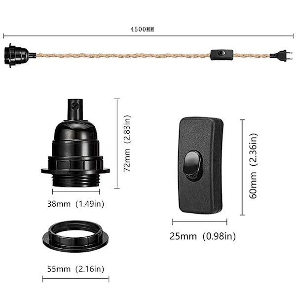 Hänglampor med Strömbrytare, Hamparep med 4,5 m Kabel, E27-sockel för Hall, Kök, Matbord, Bar (utan Glödlampa)
