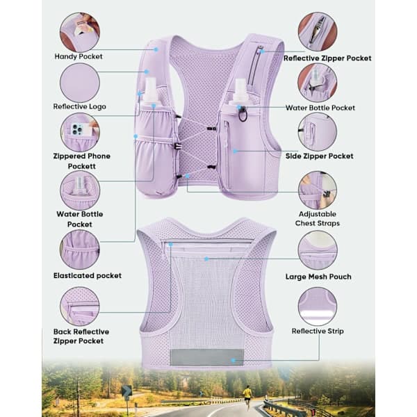 Men's and Women's Running Vest, 500ml Soft Flask Included, Lightweight Reflective Hydration Backpack with Adjustable Straps Pink