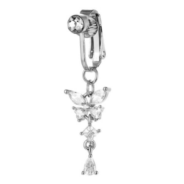 Falsk Navlepiercing Clip-on Navlering Uden Hul Butterfly Crystal Silver