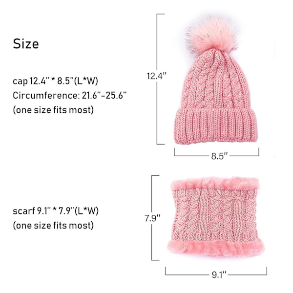 Pompom-mössa för damer Set för flickor Vinterskidmössa Slouchy Stickad Mössa med Fleecefoder (Rosa)