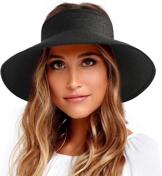 Women's Sun Hat, Wide Brim Straw Hat, Roll-up, Foldable, Ponytail, Summer Beach Hat, UV UPF black