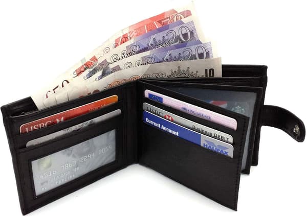 RFID-blockerande säker mjuk läder Tri-fold plånbok kortplatser ID-fönster och myntficka