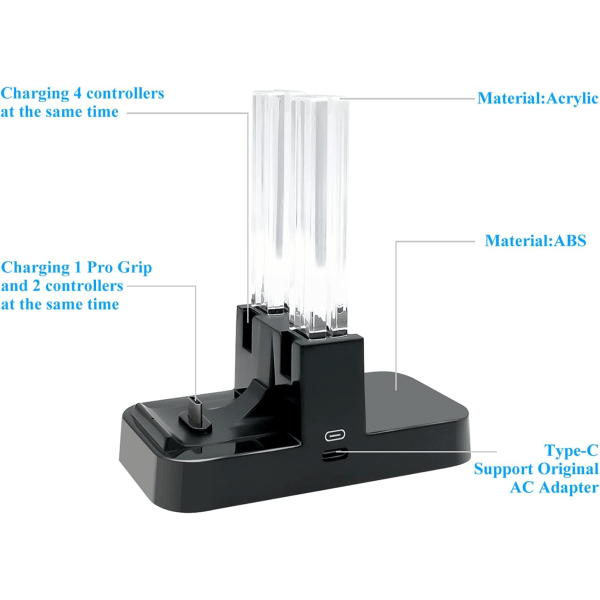 Laddare kompatibel med Nintendo Switch & OLED, Laddningsdocka kompatibel med Joycon och kompatibel med Pro Controller med laddningsindikator och typ