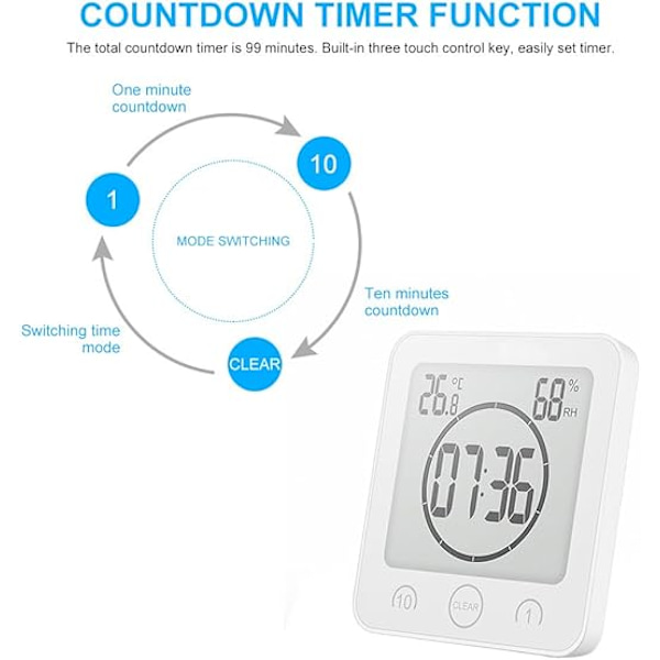 1 hvit dusjklokke vanntett, LCD digital dusjklokke timer