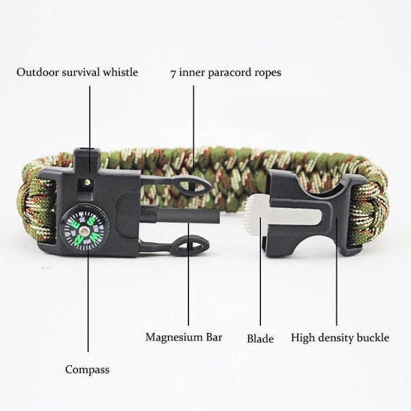2 kpl 5-in-1 Paracord Selviytymisranneke tuluksella, kompassilla jne.