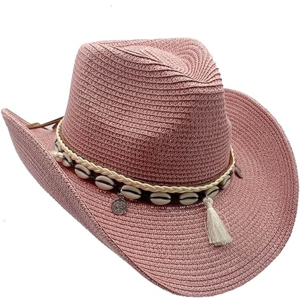 Västerländsk stråcowboyhatt för kvinnor, strandhatt för män, solhatt med bred brätte, sommar Panamahatt, rosa