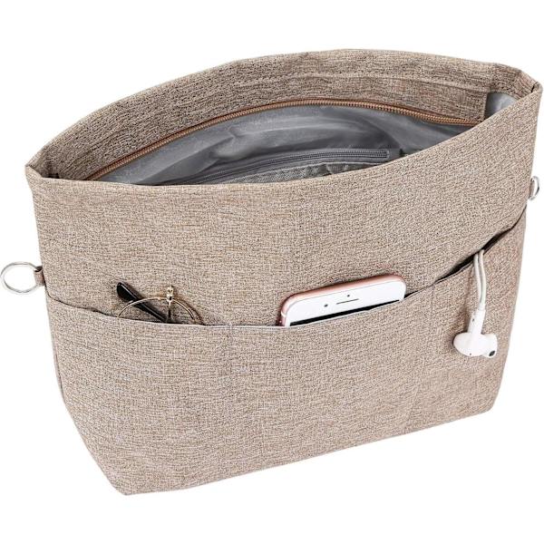 Handbag Organizer, Tote Bag Insert with Multiple Compartments and Zippers, Sturdy Bag Insert with Keychain. Light Brown M