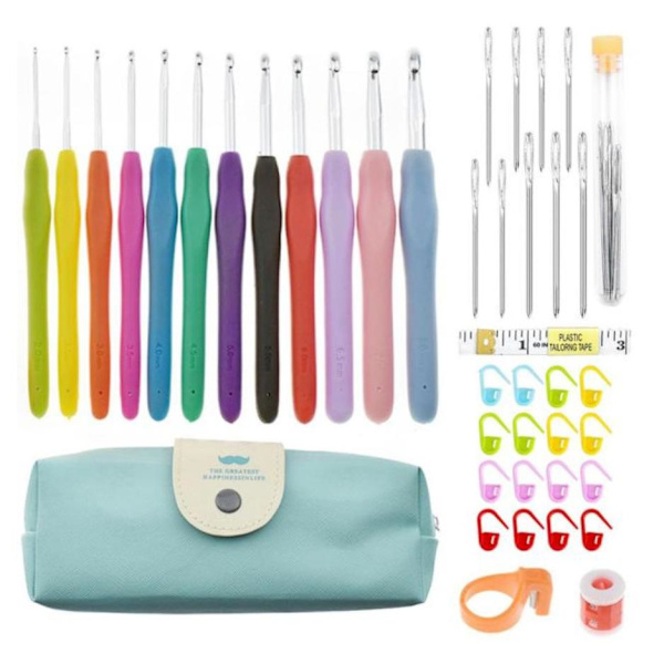 45-delar virkningsset med nålar, markörer, måttband - Knitting Kit