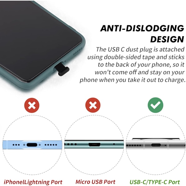 Sarja, jossa 3 silikonista pölysuojaa USB C -portille, pölysuojatulpat