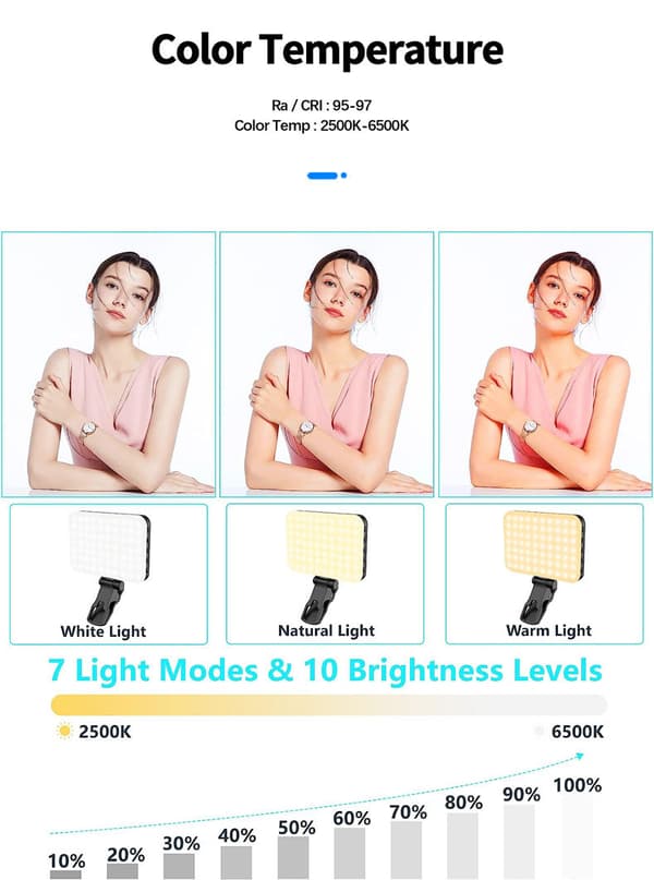 Selfie-lys, LED-oppladbar telefonlysklemme, 3 lys og uendelige justeringsmoduser