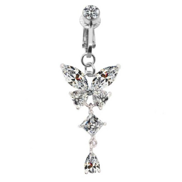 Falsk Navlepiercing Clip-on Navlering Uden Hul Butterfly Crystal Silver
