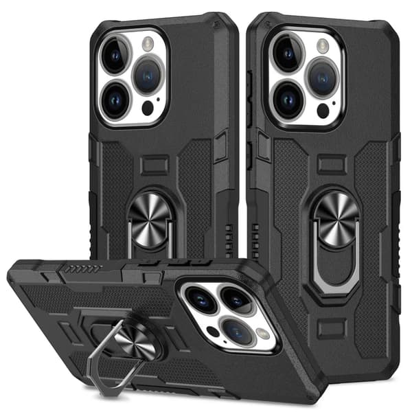 Iskunkestävä puhelinkotelo iPhone 15 Pro Max Plus -puhelimelle magneettisella sormipidikkeellä iPhone15Pro Sort