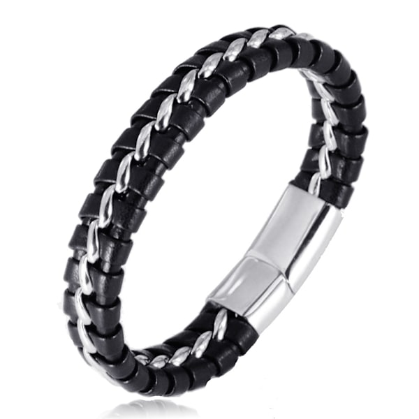 Pojkars äkta läderarmband Svart.Titan Silverkedja
