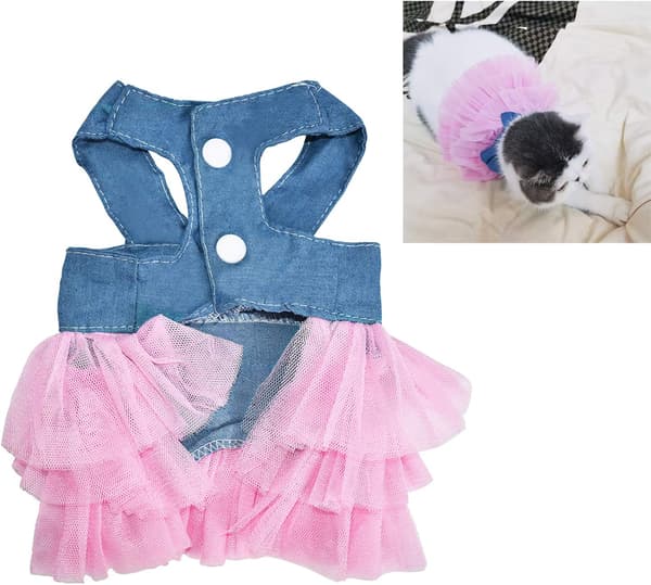 Kattklänningar för hundar, randig kjol med rosett (S, denimrosa)