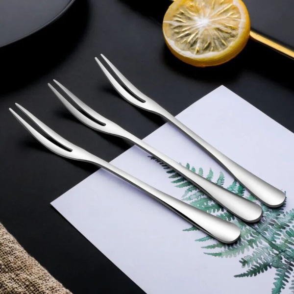 Små gafflar i rustfritt stål for cocktail-appetittvekkere, dessertfester, 10 deler, 2-tann fruktgaffel
