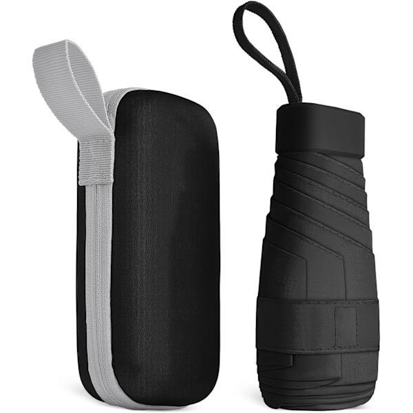 Reseparaply, 6 ribber Miniparaply Lille UV-paraply, sammenfoldelig solparaply Vindtæt regnparaply med kapselæske, sammenfoldelig lommeparaply Black