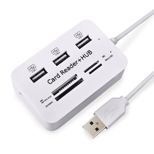 USB 2.0 Minnekortleser + USB Hub (Høy Hastighet)