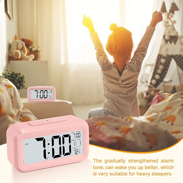 Digital väckarklocka, batteridriven liten bordslampa, med datum, inomhustemperatur - Rosa