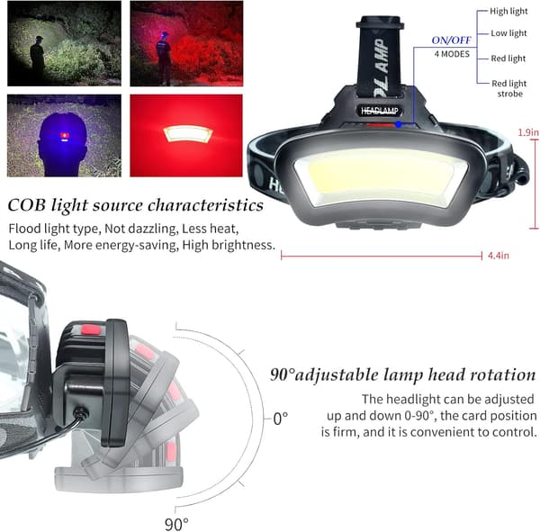 COB LED-forlygte, USB genopladelig vandtæt, med rødt lys