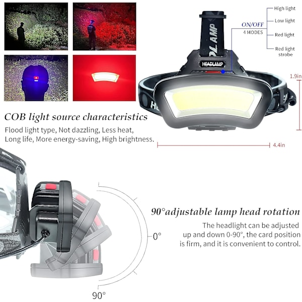 COB LED-huvudlampa, USB-uppladdningsbar vattentät, med rött ljus