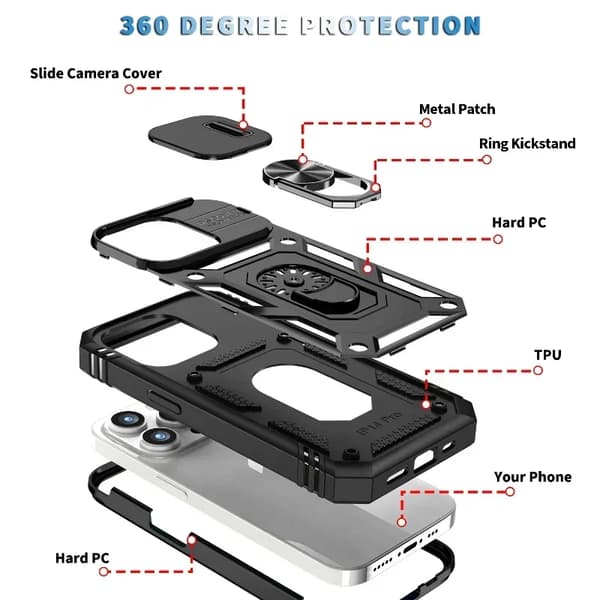 Etui til iPhone 16 15 Pro Max Plus Fuld Krops Robust Beskyttende Slide Kamera Stativ Beskyttelses Ring Cover iPhone16
