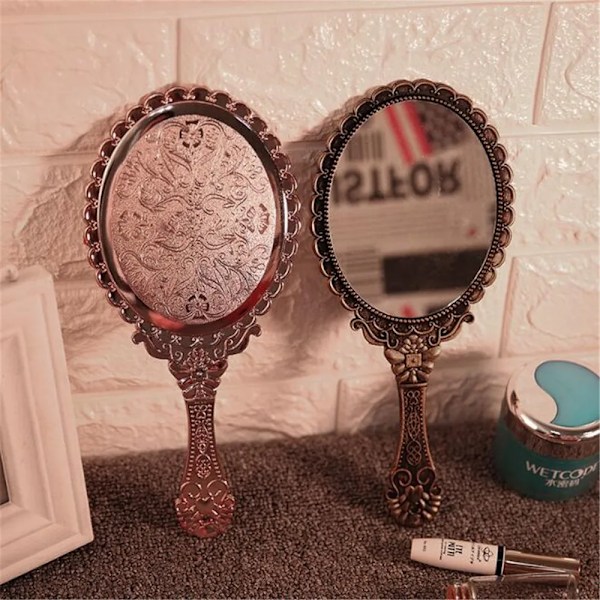 Vintage kaiverrettu kädessä pidettävä meikkipeili SPA-salonki meikki meikkikahva meikkipeili käsipeili kosmeettinen kompakti peili naisille Rose Gold