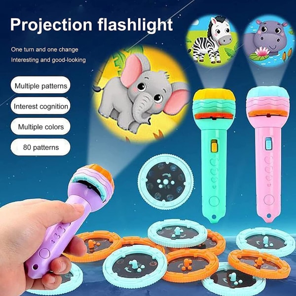 Ficklampa projektor för barn, projektion tidig utbildning Kognitiv läggdags Små facklor ficklampa, rolig ficklampa med djur (blå+gul/80 bilder)