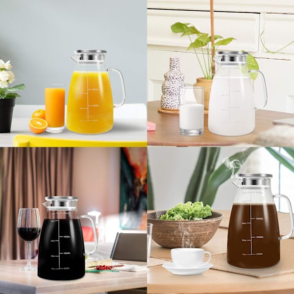 Vandkande, 2 L glaskande med låg og præcis skala, iste-kande i rustfrit stål, let at rengøre varmebestandig borosilikat mælkekande til juice