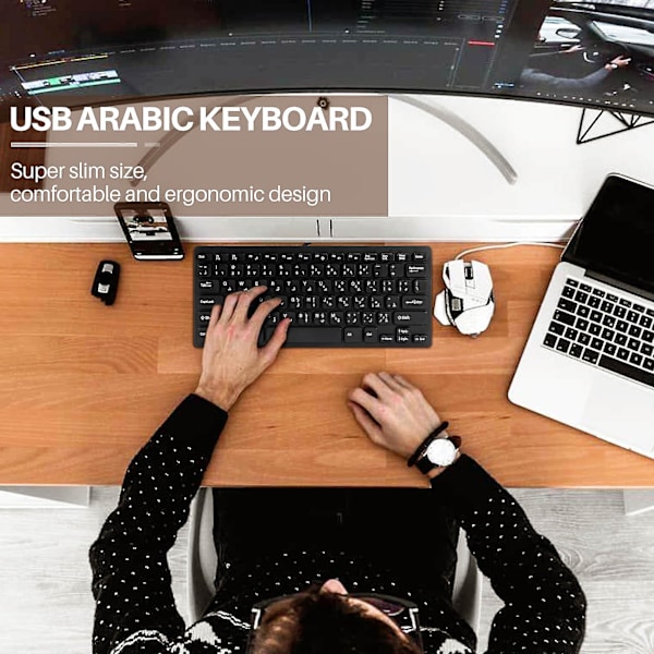 Trådbundet USB arabiskt/engelskt tangentbord med två språk för surfplatta/Windows PC/laptop/iOS/Android