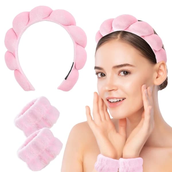 Sæt med 3 Sponge Spa Pandebånd til Ansigtsvask, Makeup Pandebånd og Armbånd Sæt