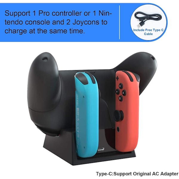 3-i-1 laddningsdocka kompatibel med Switch/OLED Joy-Cons, laddningsstation för Pro Controller